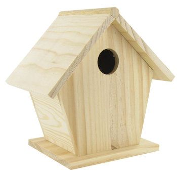 a wooden birdhouse with a hole in the roof