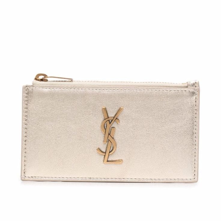 Gold Calf Leather Metallic Finish Signature Ysl Logo Plaque Gold-Tone Hardware Main Compartment Rear Card Slots Top Zip Fastening Box And Dustbag Included Made In Italy Outer: Calf Leather 100%, Brass 100% Classic Gold Wallet With Logo Plaque, Luxury Gold Wallets With Logo Plaque, Designer Rectangular Wallets With Gold-tone Logo Plaque, Luxury Rectangular Wallet With Gold-tone Logo, Designer Gold Wallet With Card Slots, Luxury Gold Coin Purse With Card Slots, Elegant Everyday Wallets With Logo, Elegant Wallets With Logo, Elegant Gold Monogram Bag