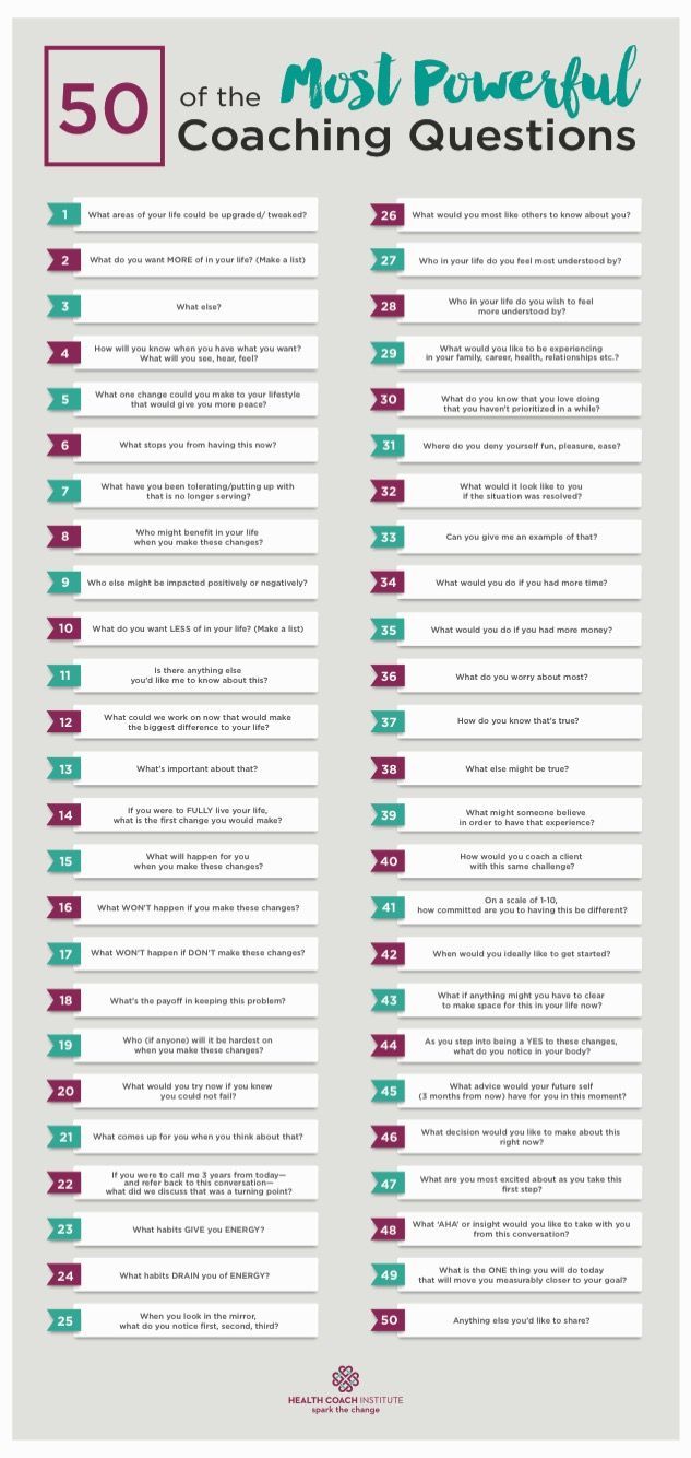 the 50 most powerful coaching questions infographicly displayed on a white background with green and red text