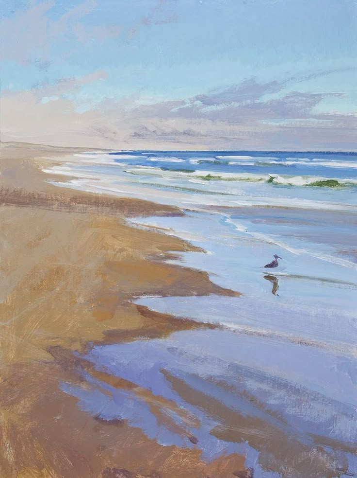 a painting of a person walking on the beach