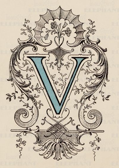 the letter v is decorated with vines and leaves, as well as an ornamental design