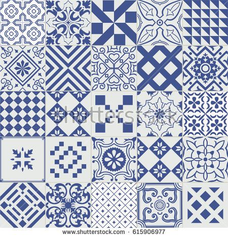 a collection of blue and white tiles with geometric designs on them, all in different patterns