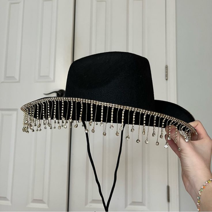 Fringe Bling Cowgirl Hat, Never Worn, Handmade Winter Party Hats With Short Brim, Brimmed Costume Hats For Fall Parties, Brimmed Costume Hats And Headpieces For Fall Party, Fall Party Brimmed Costume Hats And Headpieces, Wide Brim Winter Party Hat, Fall Party Costume Hats And Headpieces With Brim, Wide Brim Costume Hats And Headpieces For Fall Party, Winter Party Fedora Costume Hat, Winter Party Brimmed Felt Hat