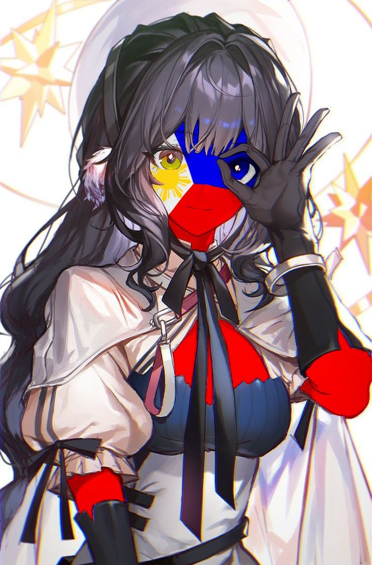 an anime character with long black hair and blue eyes, wearing a white dress and red gloves