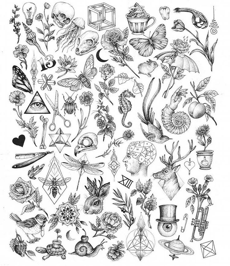 a drawing of many different types of tattoos