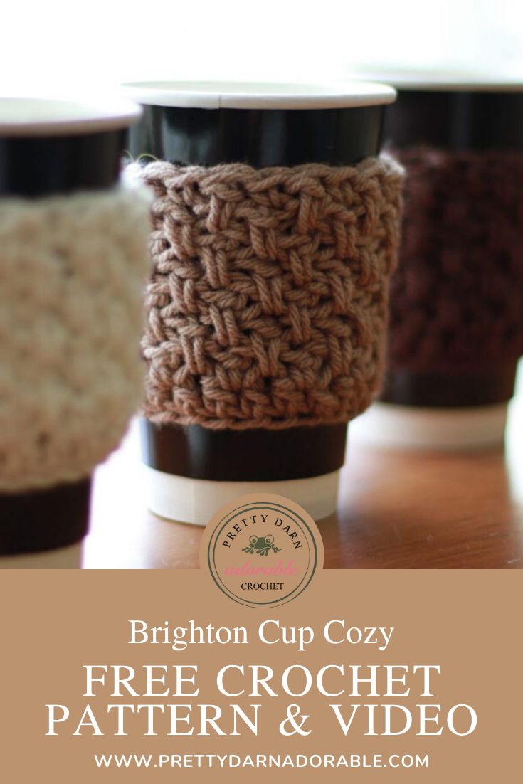 crochet coffee cup cozyies with text that reads, free crochet pattern and video