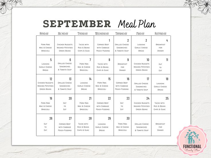 the printable meal plan is shown on a white background with black and pink flowers