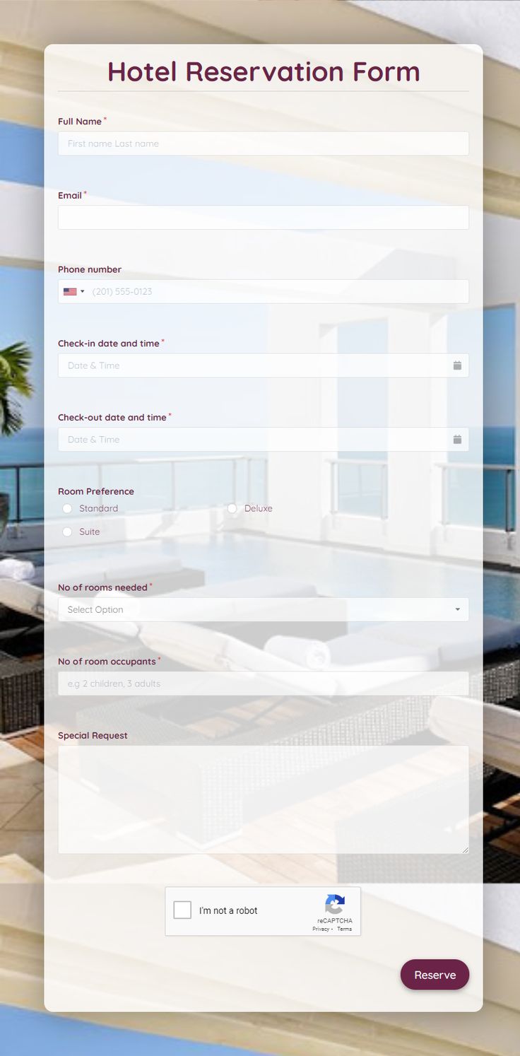 the hotel reservation form is displayed in this screenshote screengrafion, with an ocean view behind it