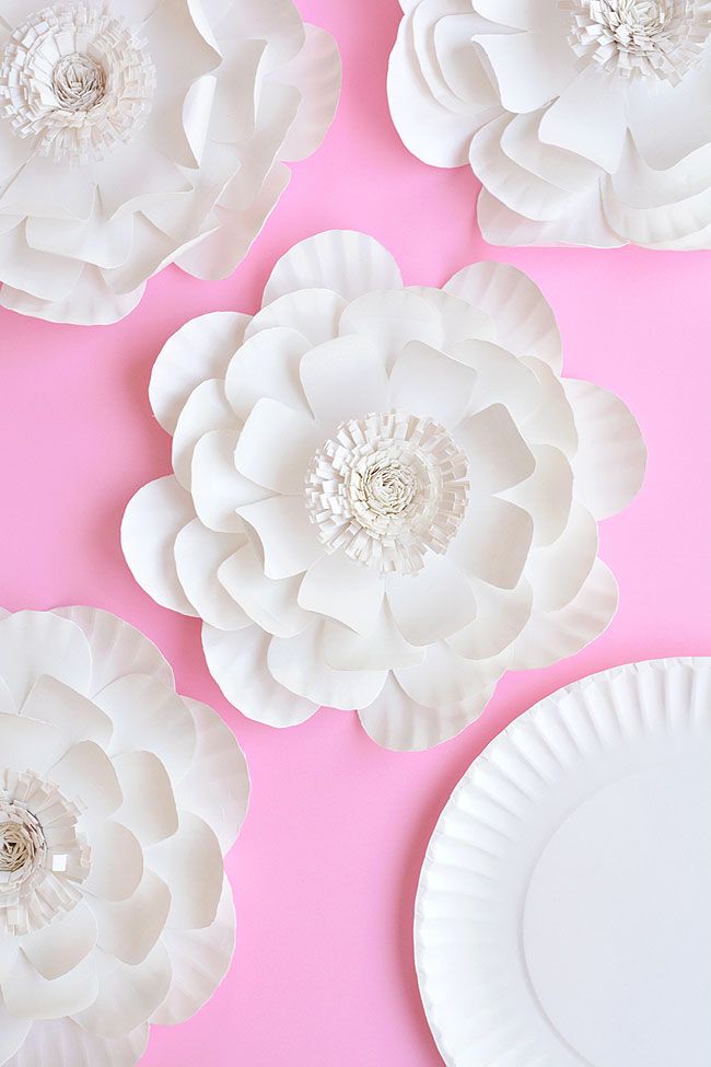 white paper flowers on a pink background with plates and utensils to the side