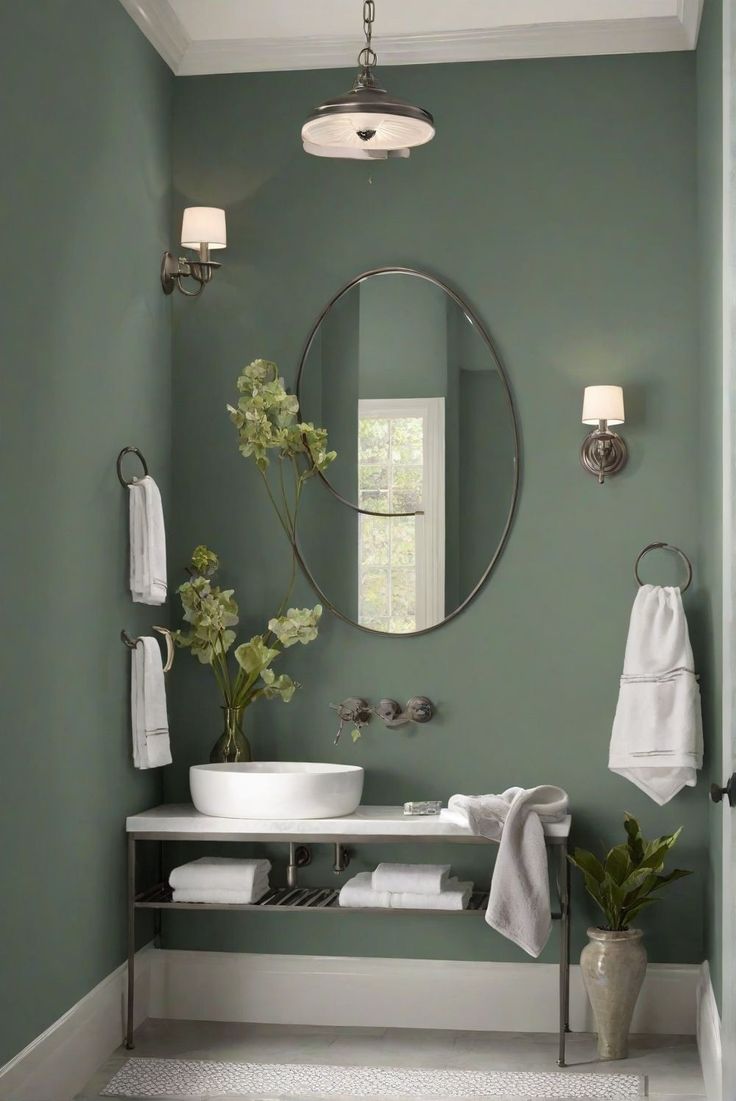 Transform your bathroom walls with the elegant Pewter Green SW 6208 paint. Discover expert tips and trends in this comprehensive wall paint guide. #ad     #Colortrend #wallpaint2024  #color2024  #DIYpainting  ##DIYhomedecor  #Fixhome Green Wall Bathroom Ideas, Purple Bathroom Cabinets, Green Bathroom Color Schemes, Trending Bathroom Colors 2024, Powder Room Wall Color, Bathroom Paint Colors For Small Bathroom, Guest Bathroom Paint Colors, 2024 Bathroom Colors, Pewter Green Bathroom