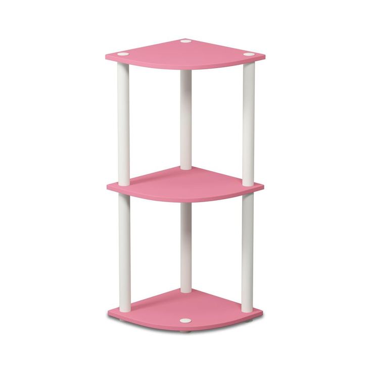 a pink and white corner shelf with two shelves on each side, against a white background