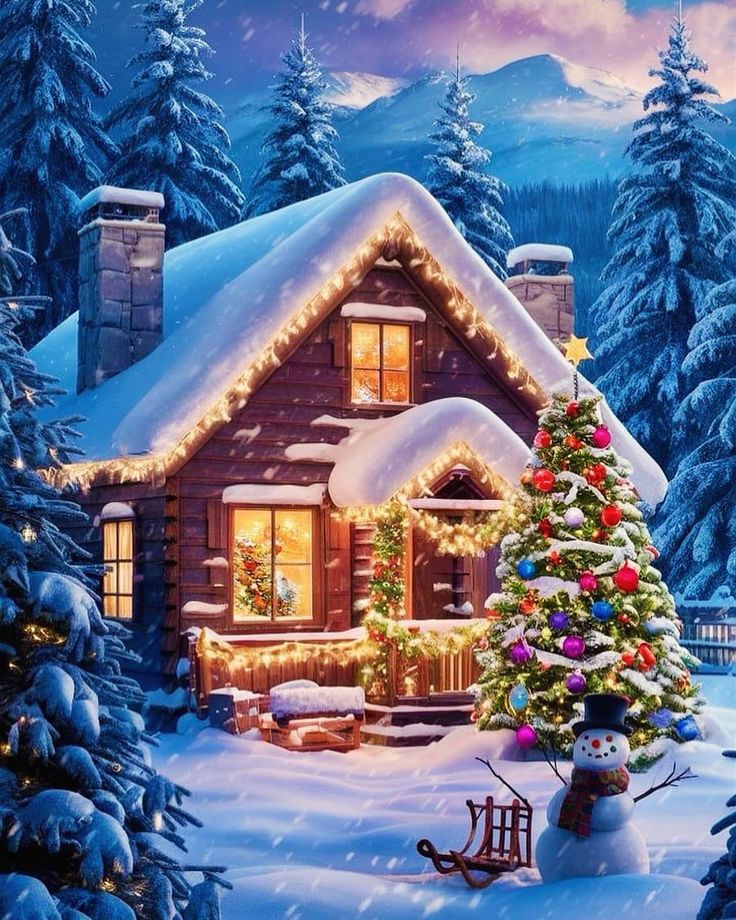 a painting of a christmas tree and a house in the snow