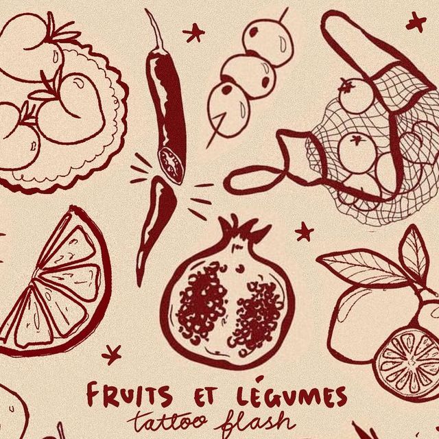 the fruit and vegetables are drawn in red ink