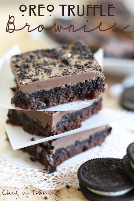 oreo truffle brownies stacked on top of each other