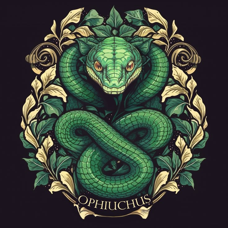 a green snake with leaves around it's neck and the words ophibus