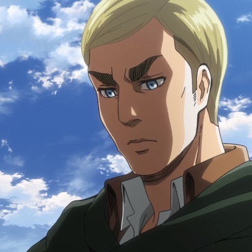 an anime character with blonde hair and blue eyes looking at the camera while standing in front of some clouds