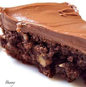 a close up of a piece of cake on a white plate with chocolate frosting