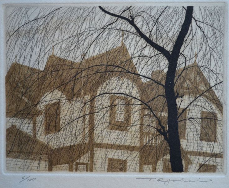 a drawing of a tree in front of a house