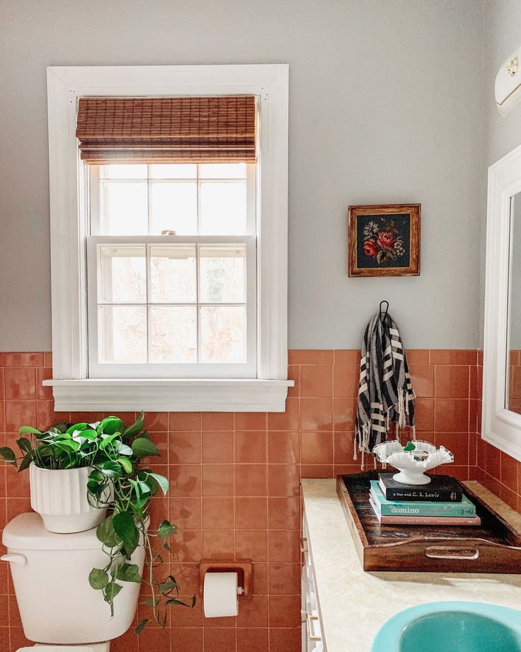 a bathroom with a toilet, sink and window in it's centerpieces