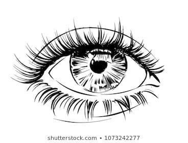 black and white drawing of an eye with long lashes on the bottom part of it