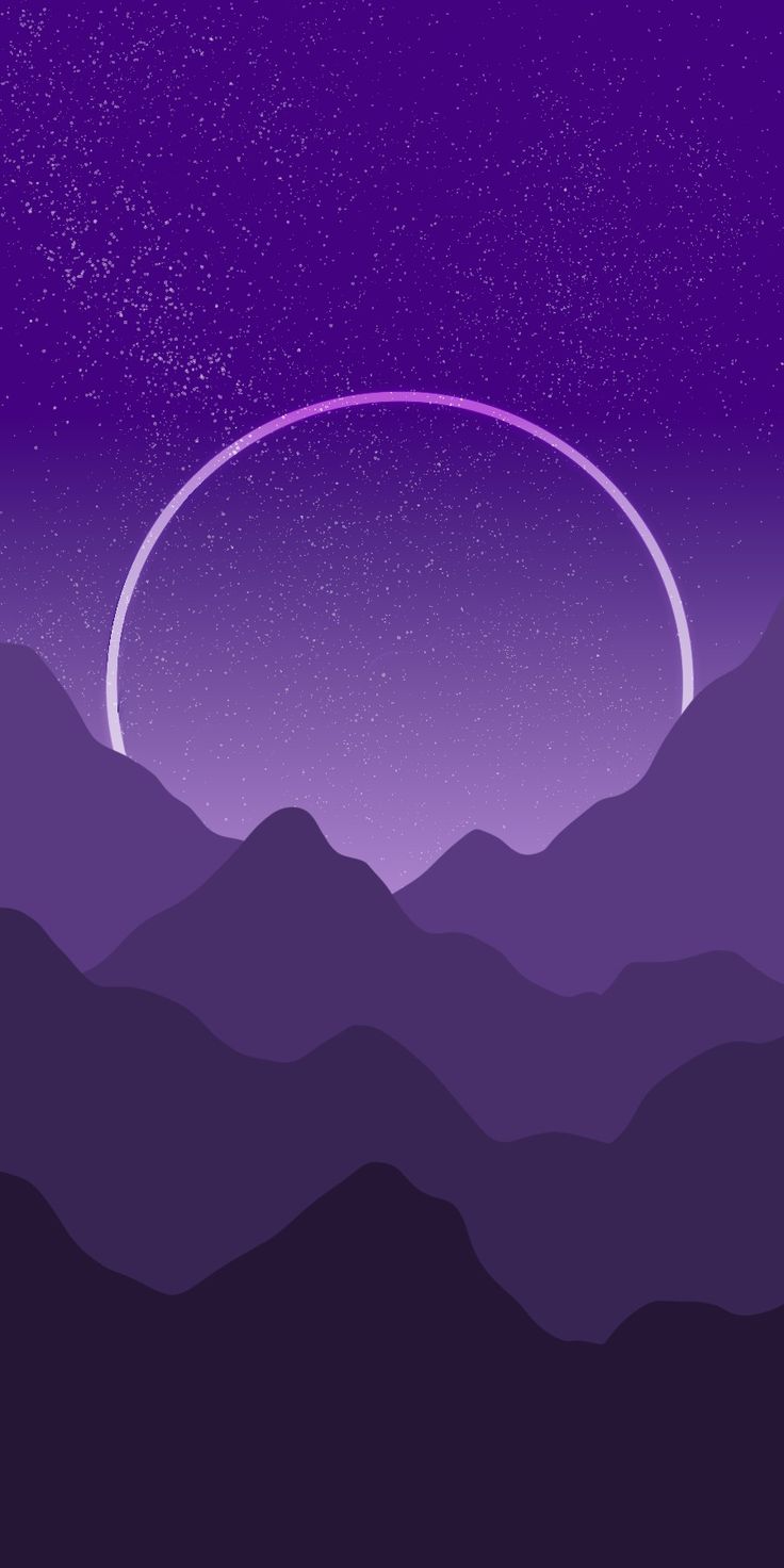 an abstract landscape with mountains and stars in the night sky above it is a purple circle