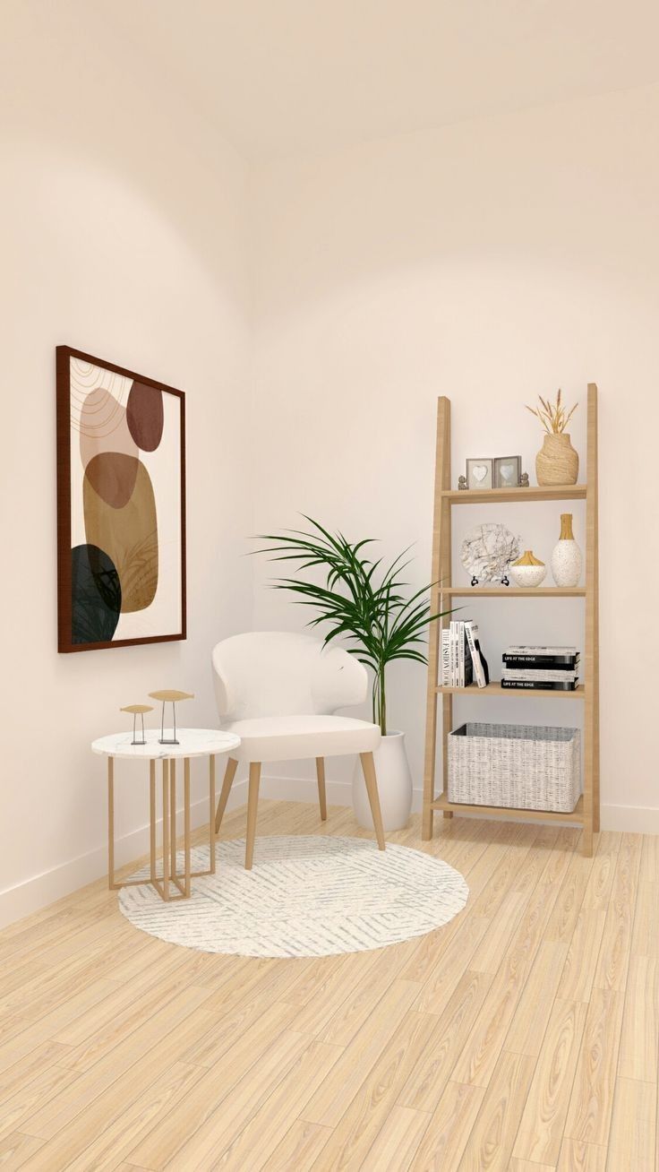 a living room with white furniture and wood flooring is shown in this rendering image