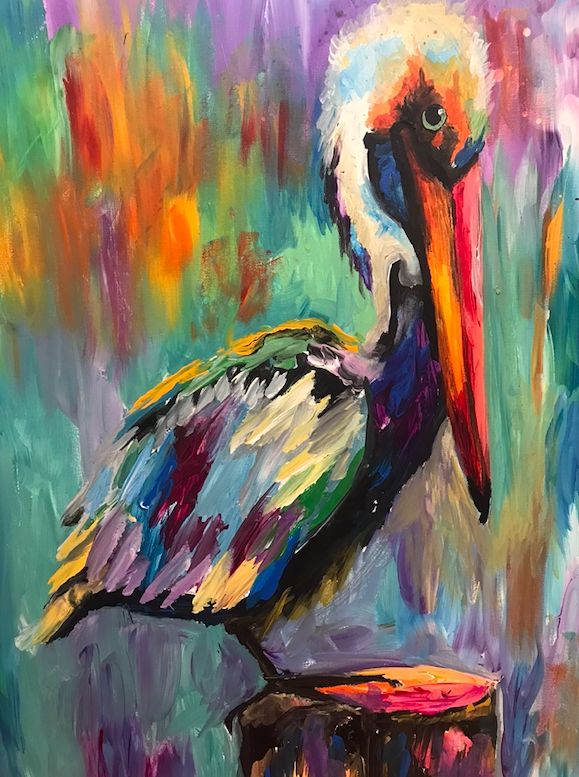 a painting of a pelican sitting on top of a wooden stool in front of a colorful background