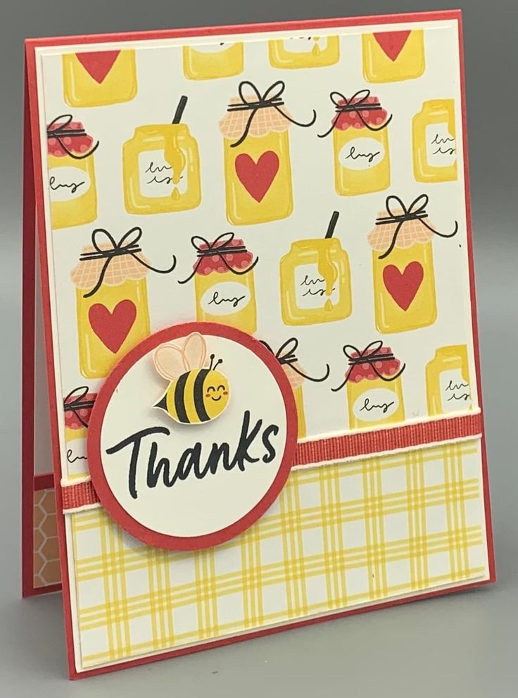 a handmade thank card with a bee and jar of honeys on the front