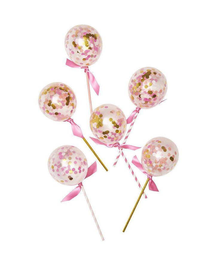 four pink and gold confetti lollipops with ribbons on white background