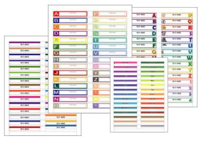 four different colored labels with numbers and symbols on them, all lined up in rows