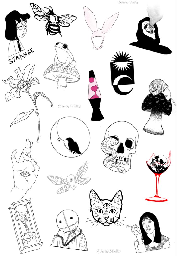 some black and white images with different things on them, including skulls, cats, flowers, and other items