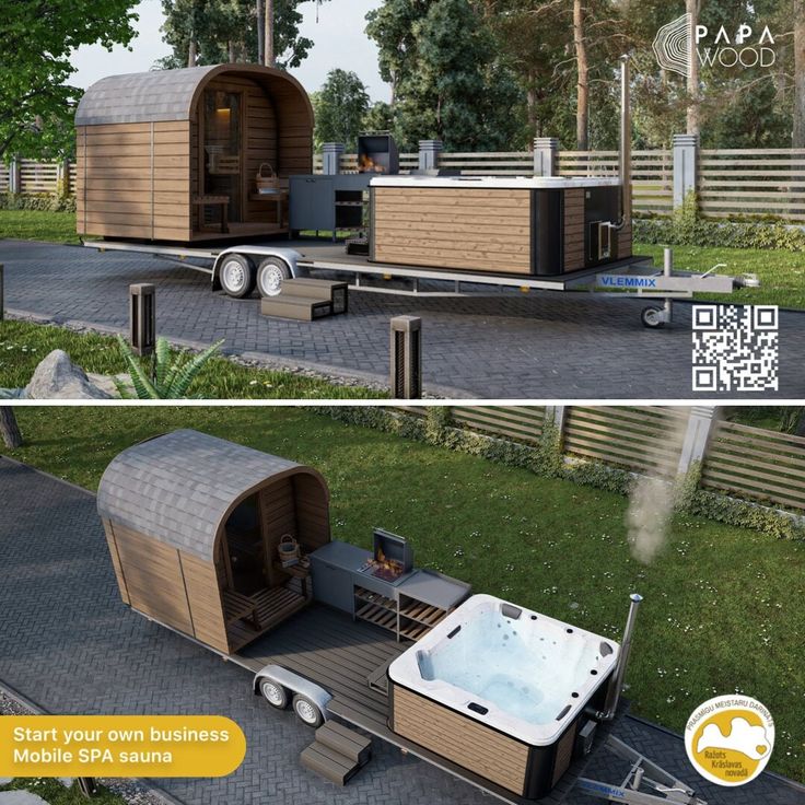 an outdoor hot tub trailer is shown in two different views, and the other side has a bbq