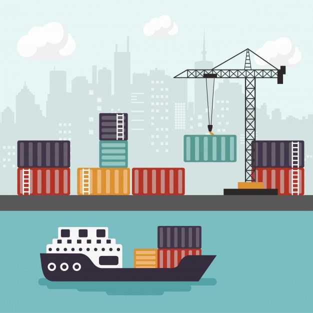 cargo ship in the harbor with cranes and containers on it's back, flat design