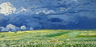 an image of a painting that looks like it has clouds in the sky over a green field