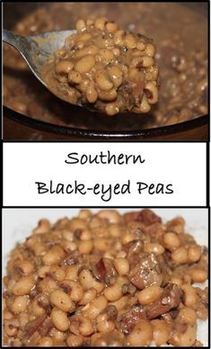 two pictures showing different types of beans in a bowl and spoon with the words southern black - eyed peas on it