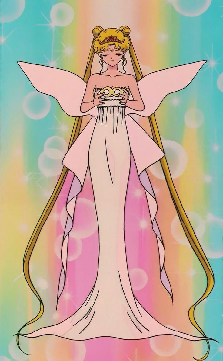 a cartoon character with long blonde hair wearing a white dress and holding a gold ring