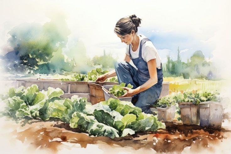 a watercolor painting of a woman picking lettuce from a garden box in the sun