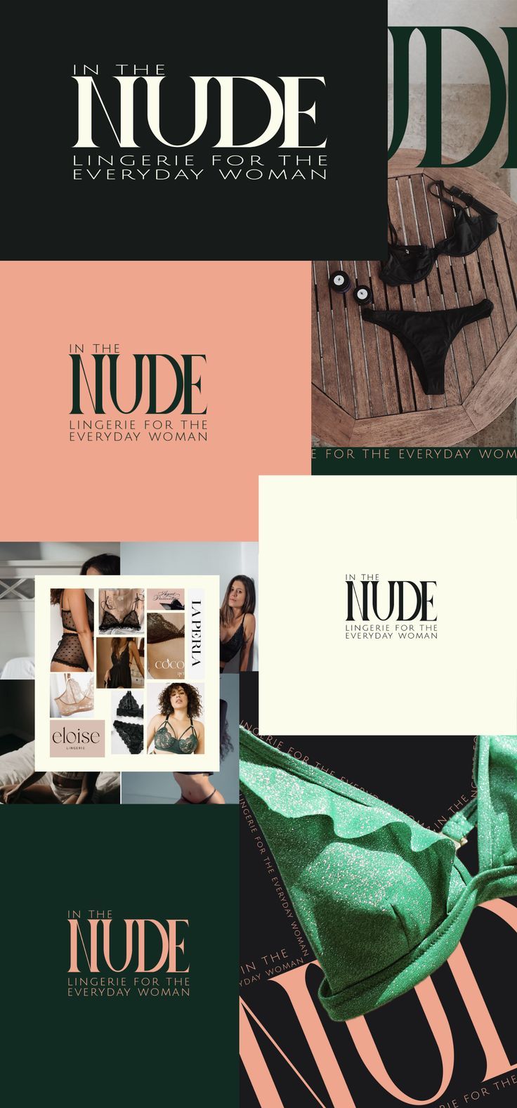 A collage of images showing the brand name with brand colours and posters of the brand Lingerie Branding, Deep Picture, Brand Visual Identity, Brand Moodboard, Branding Portfolio, Lingerie Patterns, Lingerie Brands, Lingerie Photoshoot, Instagram Template Design