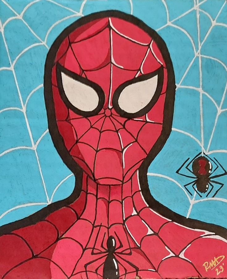 a drawing of a spider man with big eyes