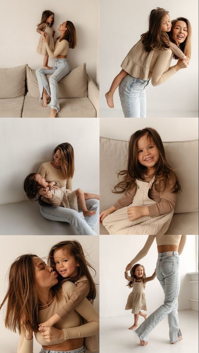 a mother and her daughter cuddle on the couch while posing for their family photos