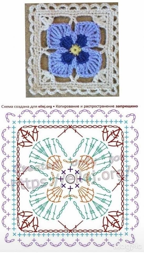 an image of a crochet pattern with blue flowers on the front and bottom