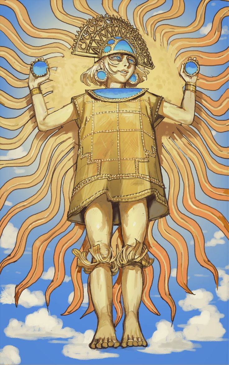 a painting of a person holding two hands in front of a sun and clouds background