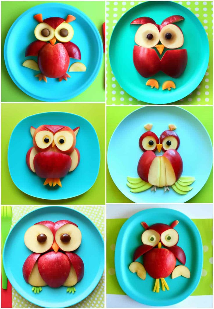 four different pictures of apples with owls on them and apple slices in the shape of an owl