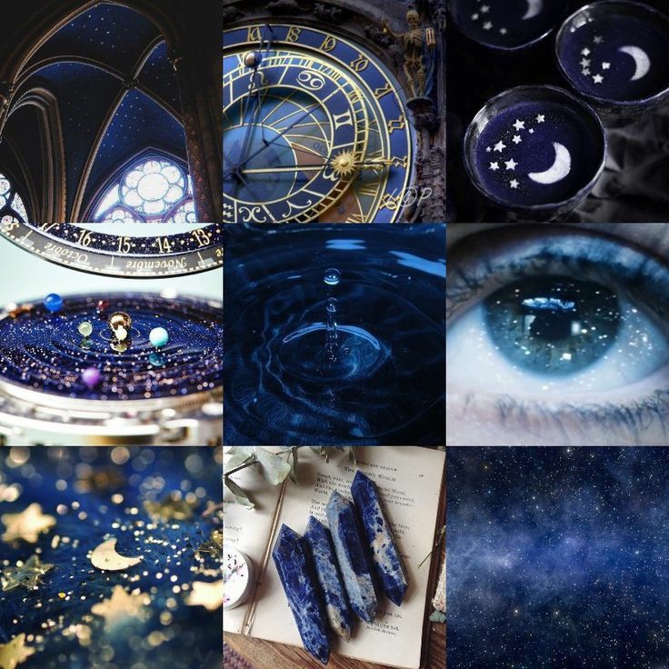 the collage shows many different images with stars, moon and clock on them as well as an open book