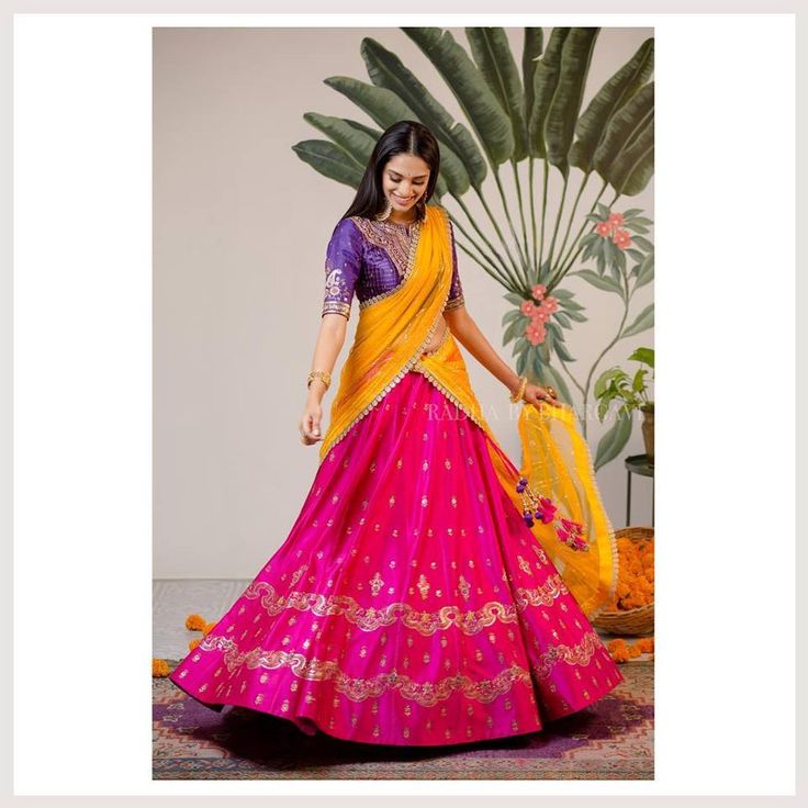 Orange Half Saree, Fashion Photography Indian, Bhargavi Kunam, Lehenga Color Combinations, Langa Voni, Lehenga Saree Design, Photography Indian, Yellow Lehenga, Half Saree Lehenga