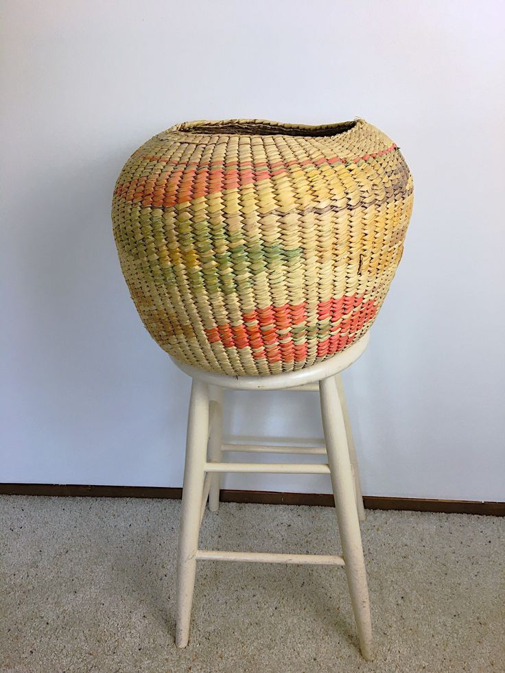 a woven basket sitting on top of a wooden stool next to a wall and floor