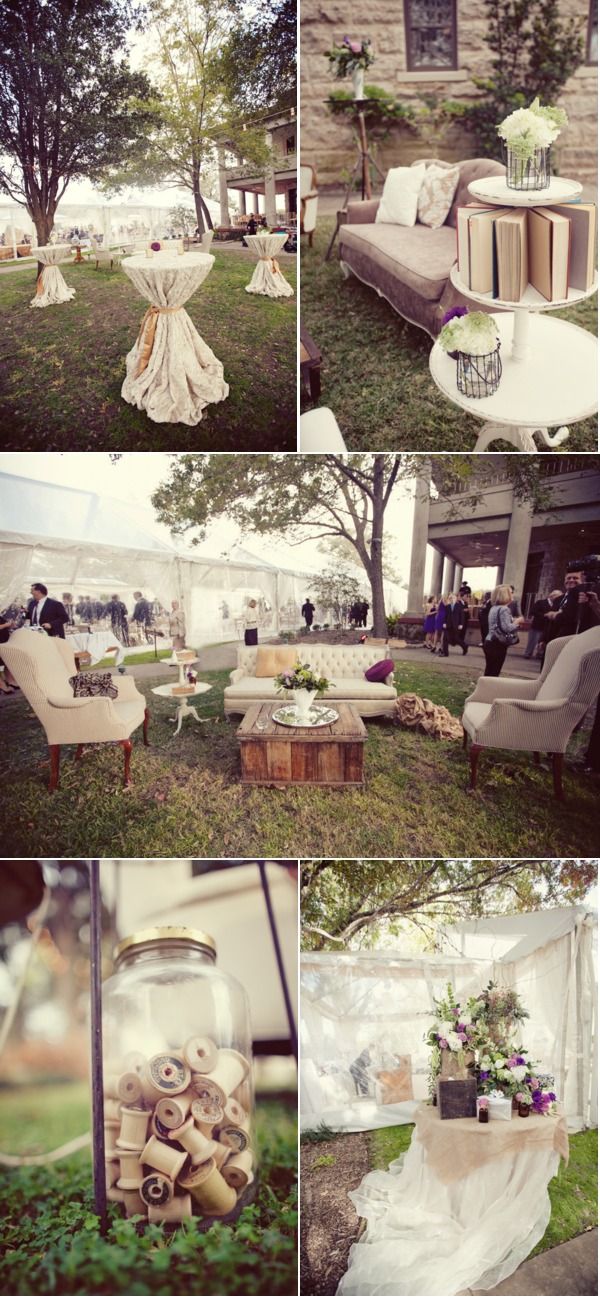 several different shots of an outdoor setting with furniture and flowers in vases on the grass