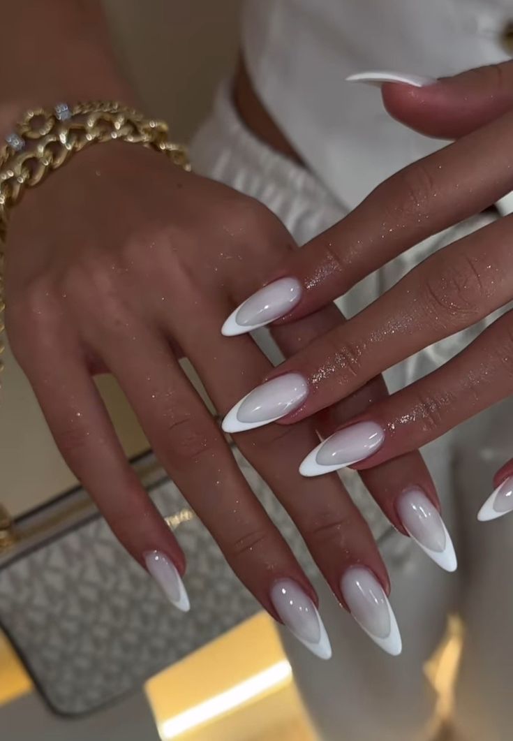 New French Tip Nails, White Inspo Nails, French Tip Unique, Engagement Nails French Tip, White On White French Tip Nails Almond, Neutral Almond Nails With Design, Long White Chrome Nails, Modern French Nails Almond, Chrome White Nails French Tip