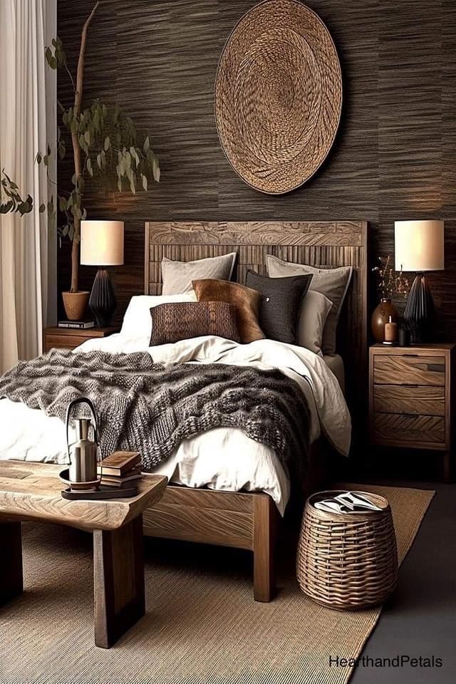 a bedroom with a large bed and wooden furniture