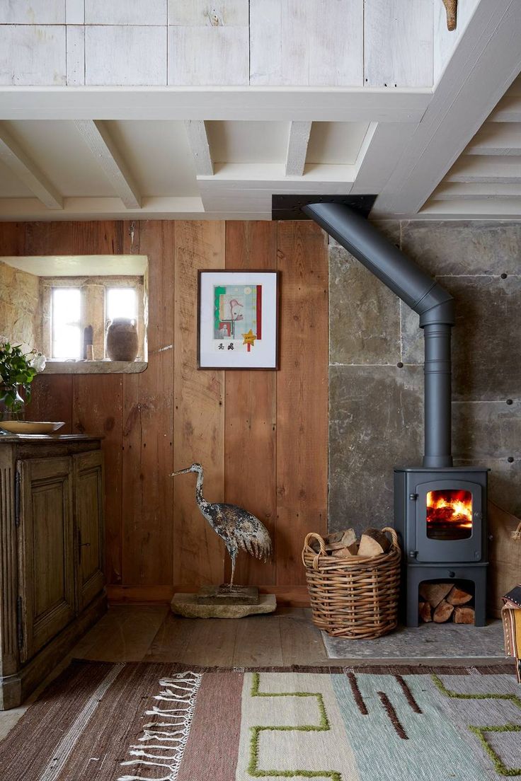 a wood burning stove sitting inside of a living room